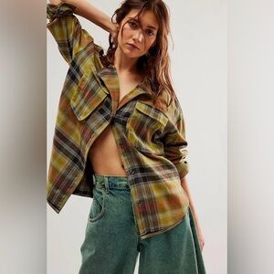 Free People We The Free Izzy Cargo Shirt Plaid Flannel Oversized Shacket Green S